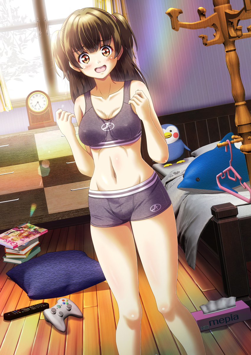 1girl absurdres bed blanket blush bra breasts clock controller curtains game_controller highres hotohori_rushia long_hair looking_at_viewer magazine_(object) navel original panties pillow remote_control school_uniform solo sports_bra stuffed_animal stuffed_toy tissue_box twintails underwear window