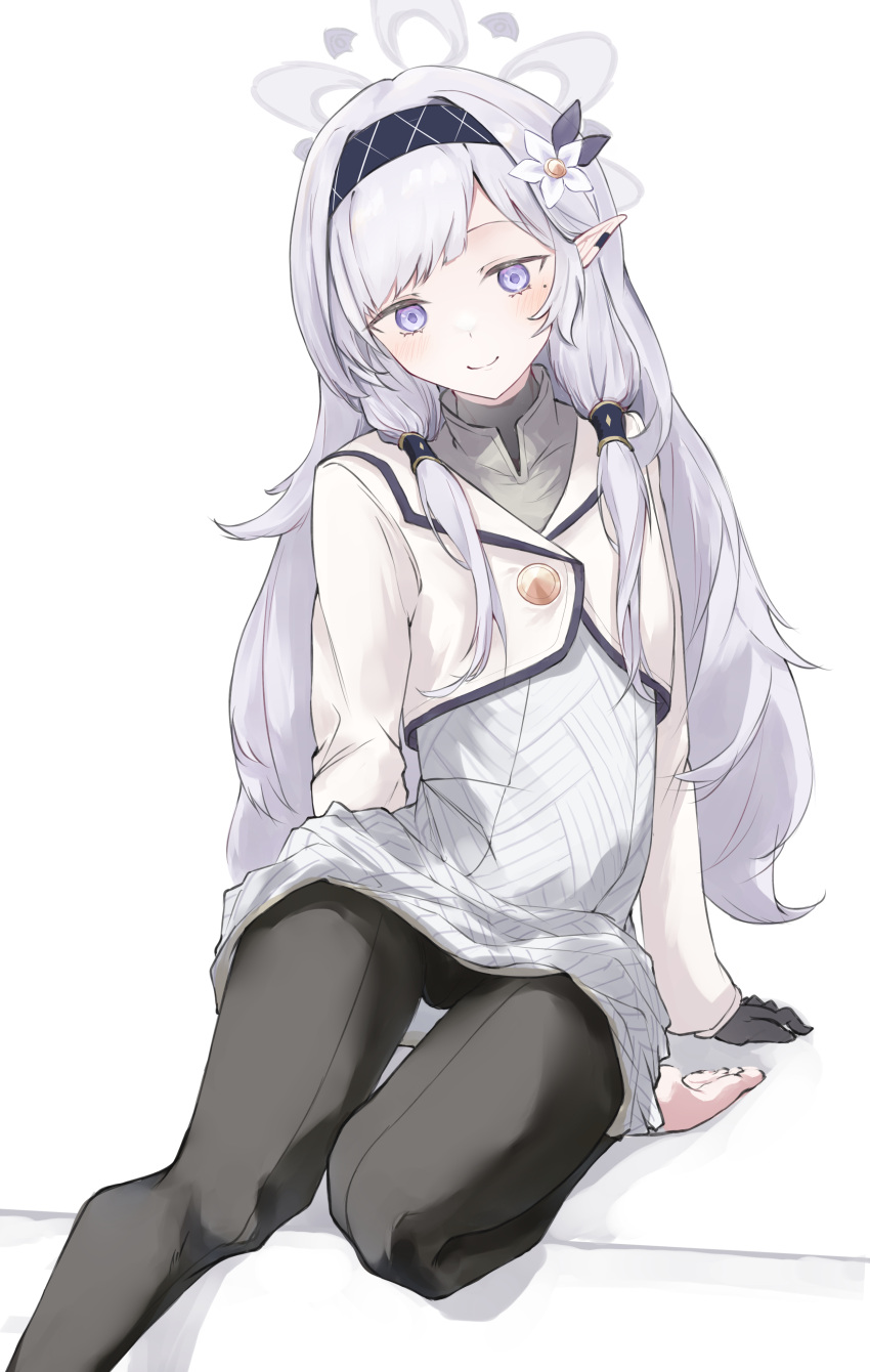 1girl absurdres bangs barefoot black_gloves black_pantyhose blue_archive blush closed_mouth cropped_jacket flower gloves grey_hair grey_shirt hair_flower hair_ornament hair_tubes hairband halo highres himari_(blue_archive) long_hair long_sleeves looking_at_viewer mole mole_under_eye moruhinesan pantyhose pointy_ears purple_eyes shirt sidelocks simple_background sitting smile solo turtleneck white_background