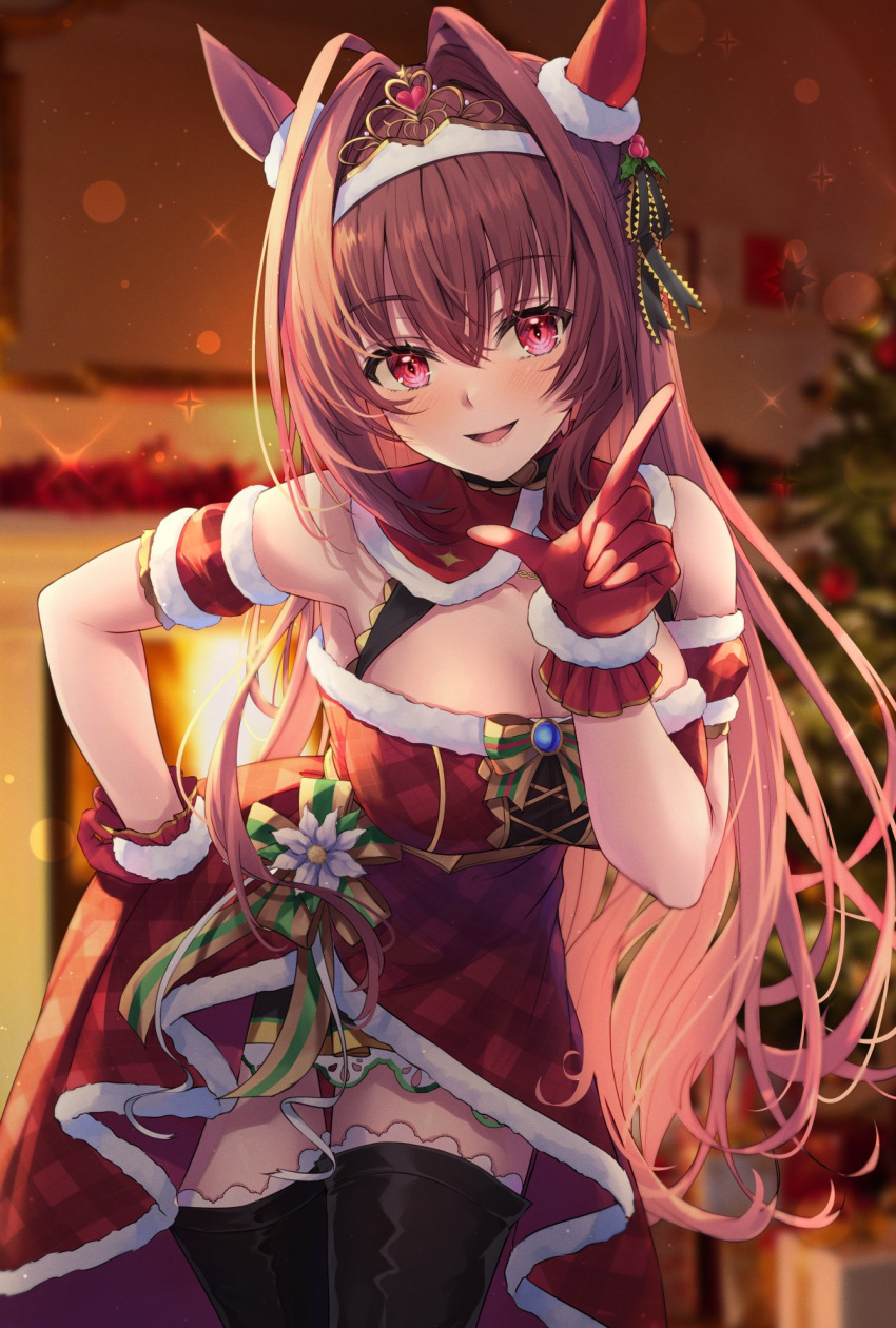 1girl animal_ears bangs black_thighhighs blurry blurry_background blush bow box breasts brown_hair christmas_tree cleavage daiwa_scarlet_(scarlet_nuit_etoile)_(umamusume) daiwa_scarlet_(umamusume) detached_sleeves dress ear_covers finger_gun fur-trimmed_dress fur-trimmed_sleeves fur_trim gift gift_box gloves hair_between_eyes hair_intakes hair_ornament hand_on_hip hand_up highres horse_ears horse_girl illuminate_the_heart_(umamusume) index_finger_raised indoors large_breasts leaning_forward long_hair looking_at_viewer official_alternate_costume open_mouth plaid plaid_dress plaid_sleeves primamiya red_dress red_eyes red_gloves red_sleeves short_sleeves sidelocks skirt smile solo striped striped_bow thigh_gap thighhighs tiara umamusume very_long_hair