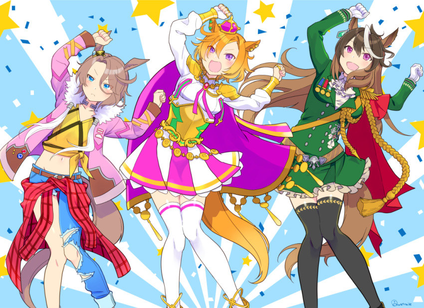 3girls :d aiguillette animal_ears arms_up artist_name ascot asymmetrical_pants bangs belt black_thighhighs blue_choker blue_eyes blue_pants brooch brown_belt brown_hair cape carnival_phantasm choker clenched_hands closed_mouth clothes_around_waist coat commentary_request confetti crown dancing denim dress ear_ornament ear_piercing earclip epaulettes frilled_skirt frills frown fur-trimmed_coat fur_trim glaring gloves green_jacket green_skirt horse_ears horse_girl horse_tail jacket jeans jewelry leaning_to_the_side long_hair long_sleeves looking_at_viewer medal midriff mini_crown miniskirt multicolored_hair multiple_girls narita_taishin_(umamusume) navel open_clothes open_coat orange_hair pants piercing pink_coat purple_cape purple_eyes purple_headwear quatraise red_shirt shirt short_dress short_hair signature single_epaulette skirt smile standing star_(symbol) streaked_hair super_affection swept_bangs symboli_rudolf_(umamusume) t.m._opera_o_(umamusume) tail thighhighs tied_shirt torn_clothes torn_pants white_ascot white_dress white_gloves white_hair white_shirt white_thighhighs yellow_shirt