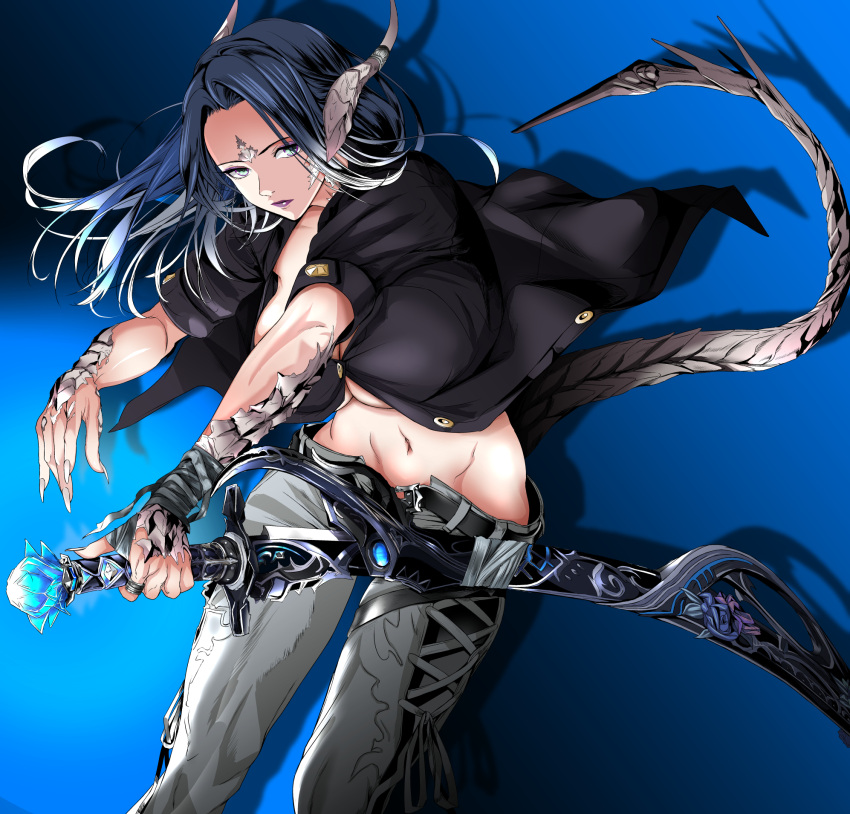 1girl akegata_tobari alternate_breast_size au_ra avatar_(ff14) belt black_hair black_shirt blue_hair breasts buttons cleavage closed_mouth commission drawing_sword expressionless final_fantasy final_fantasy_xiv fingernails floating_hair gradient_hair green_eyes groin highres holding holding_sword holding_weapon horns huge_breasts katana leaning_forward lips long_fingernails long_hair looking_at_viewer multicolored_eyes multicolored_hair navel no_bra open_belt open_clothes open_fly open_pants outstretched_arm pants partially_unbuttoned purple_eyes purple_lips samurai_(final_fantasy) scabbard scales sheath shirt short_sleeves skeb_commission solo stomach sword tail underboob unsheathing weapon