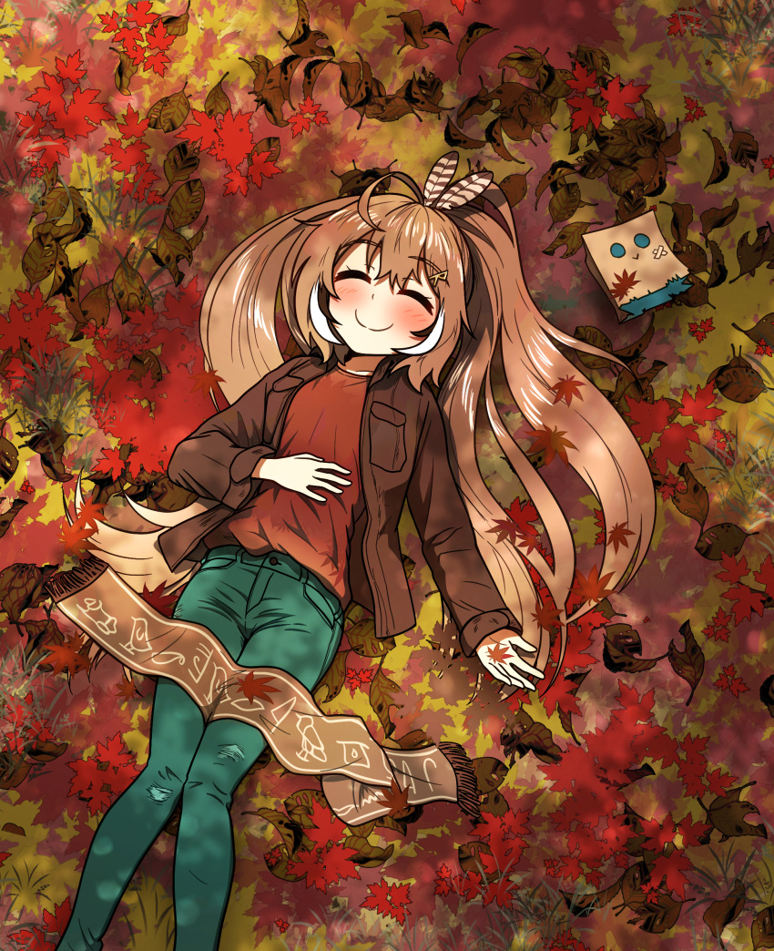 1girl absurdres ahoge alternate_costume autumn autumn_leaves bangs blush brown_hair brown_shirt c: casual closed_eyes collared_shirt commentary ddolbang denim dress_shirt english_commentary feather_hair_ornament feathers friend_(nanashi_mumei) hair_ornament hairclip hand_on_own_stomach hieroglyphics highres hololive hololive_english jeans long_hair lying multicolored_hair nanashi_mumei on_back pants pocket ponytail red_shirt scarf shirt smile streaked_hair t-shirt torn_clothes torn_jeans torn_pants unbuttoned very_long_hair virtual_youtuber