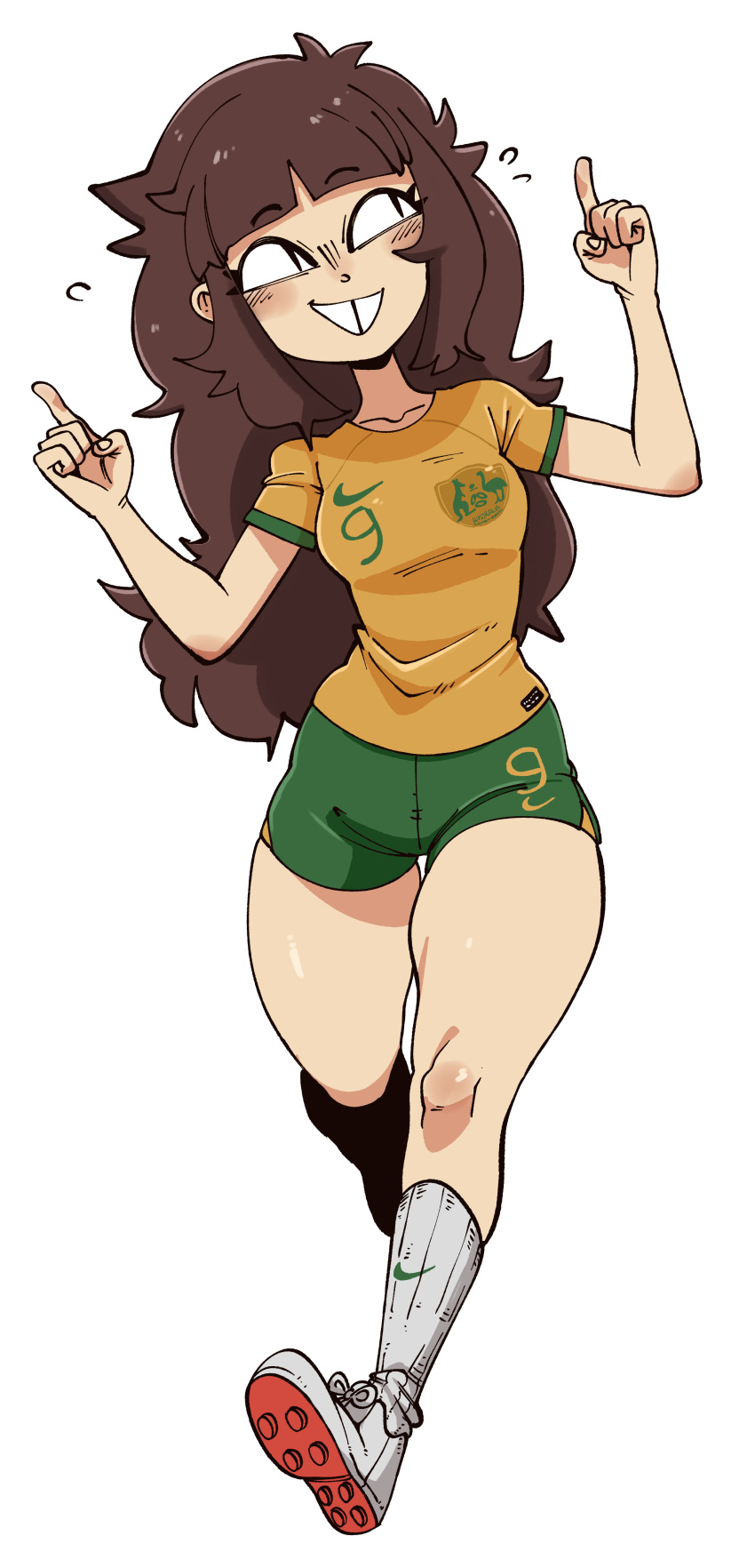 1girl 2022_fifa_world_cup absurdres australia blush breasts brown_hair closed_mouth full_body highres index_finger_raised medium_breasts nuclear_wasabi original running shirt shorts simple_background soccer soccer_uniform socks solo sportswear tottie_(gats) white_background world_cup