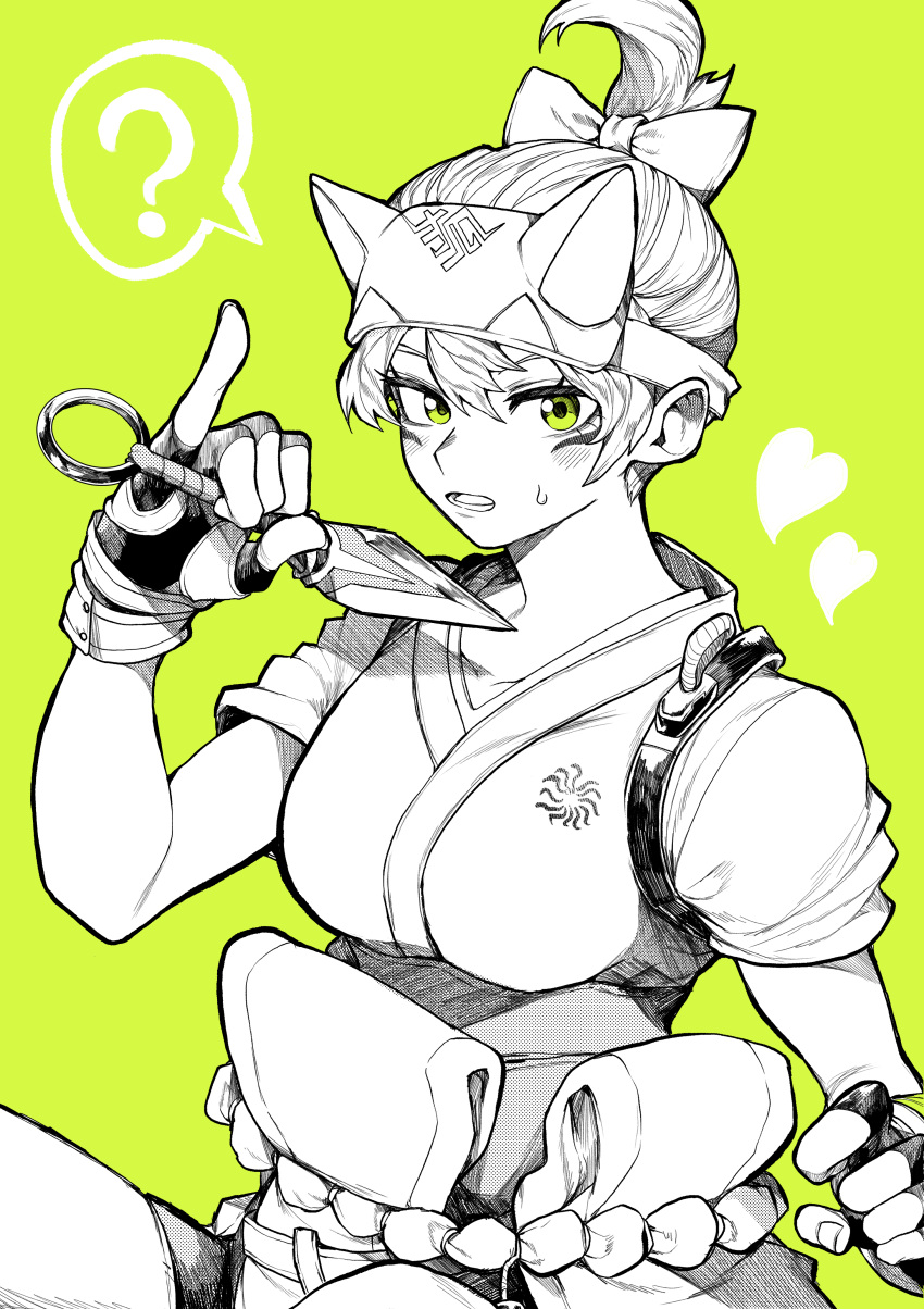 1girl ? absurdres bow breasts fingerless_gloves gloves green_background green_eyes greyscale_with_colored_background hair_bow highres holding holding_weapon kiriko_(overwatch) kunai looking_at_viewer medium_breasts monochrome overwatch overwatch_2 short_hair solo spoken_question_mark weapon yotsumi_shiro