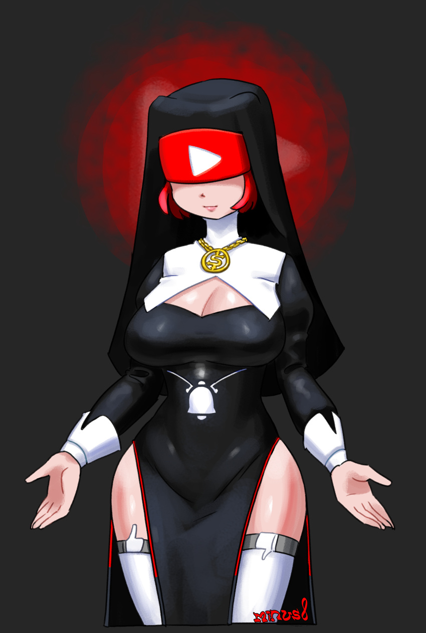 1girl absurdres breasts cleavage covered_eyes facing_viewer grey_background highres jewelry large_breasts minuspal necklace nun original red_hair short_hair simple_background solo thighhighs veil white_thighhighs youtube youtube_logo