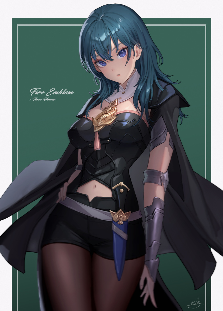 1girl absurdres aendi_en_d_endei armlet armor bangs blue_eyes blue_hair bodice breasts brown_pantyhose bustier byleth_(fire_emblem) byleth_(fire_emblem)_(female) capelet coat dagger fire_emblem fire_emblem:_three_houses hair_between_eyes hand_on_hip highres knife large_breasts legwear_under_shorts medium_hair pantyhose pantyhose_under_shorts short_sleeves shorts shoulder_armor tassel title turtleneck vambraces waist_cape weapon