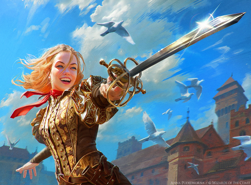 1girl akreon artist_name bird bird_wings blonde_hair blue_sky cloud company_name european_architecture european_city european_clothes fantasy glint happy holding holding_sword holding_weapon long_hair magic:_the_gathering necktie pointing_sword pointing_weapon puffy_sleeves rapier realistic red_necktie sheath sky standing sword weapon wings