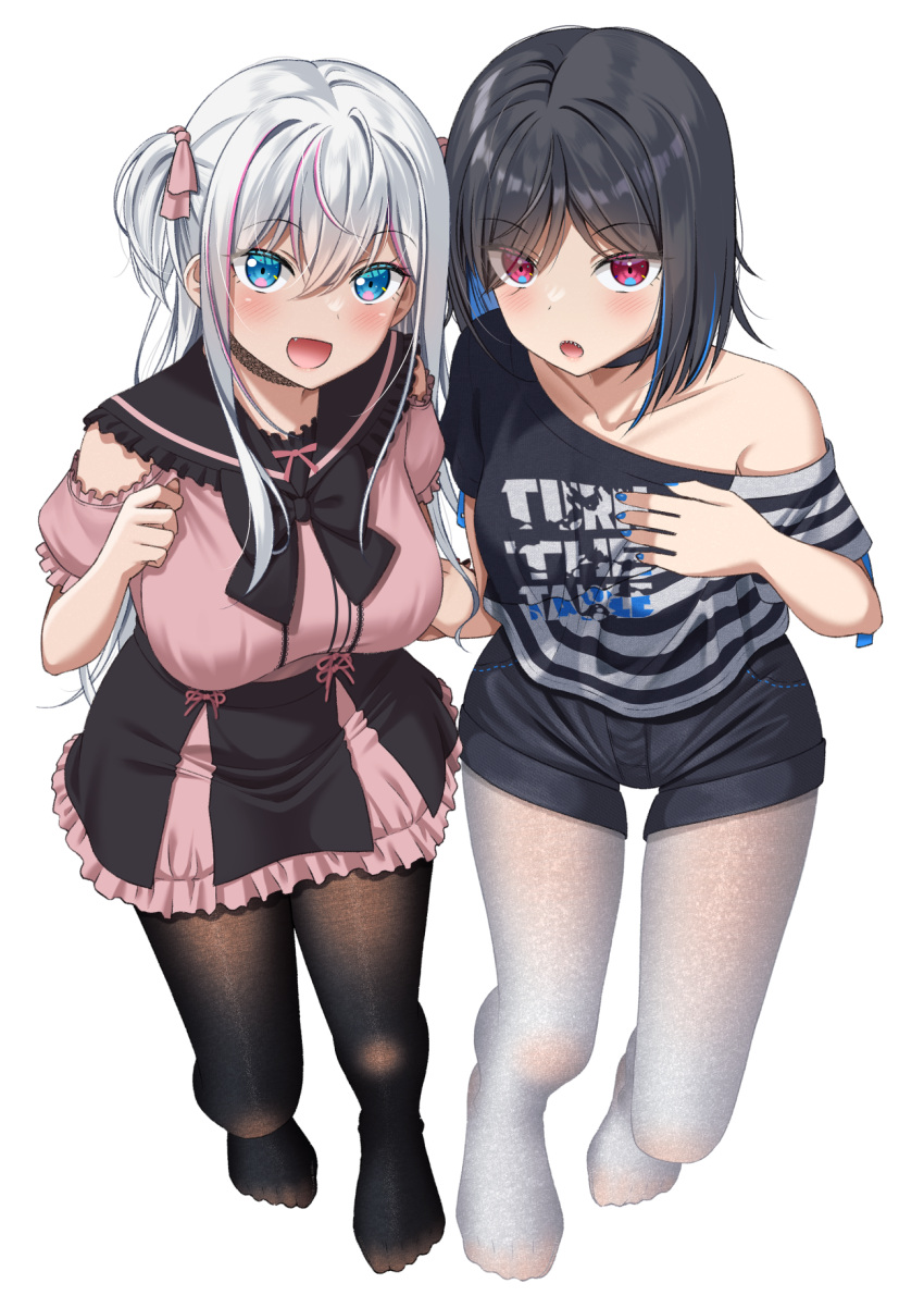 2girls :d bangs bare_shoulders black_choker black_hair black_pantyhose black_sailor_collar black_shorts black_skirt blue_eyes blue_hair blush breasts choker clothing_cutout collarbone commentary_request fang frilled_sailor_collar frilled_skirt frills gurande_(g-size) hair_ribbon highres legwear_under_shorts long_hair medium_breasts multicolored_hair multiple_girls off_shoulder original pantyhose parted_bangs pink_hair pink_ribbon pink_shirt puffy_short_sleeves puffy_sleeves red_eyes ribbon sailor_collar school_uniform serafuku sharp_teeth shirt short_shorts short_sleeves shorts shoulder_cutout simple_background skirt smile streaked_hair striped striped_shirt teeth two-tone_hair very_long_hair white_background white_pantyhose