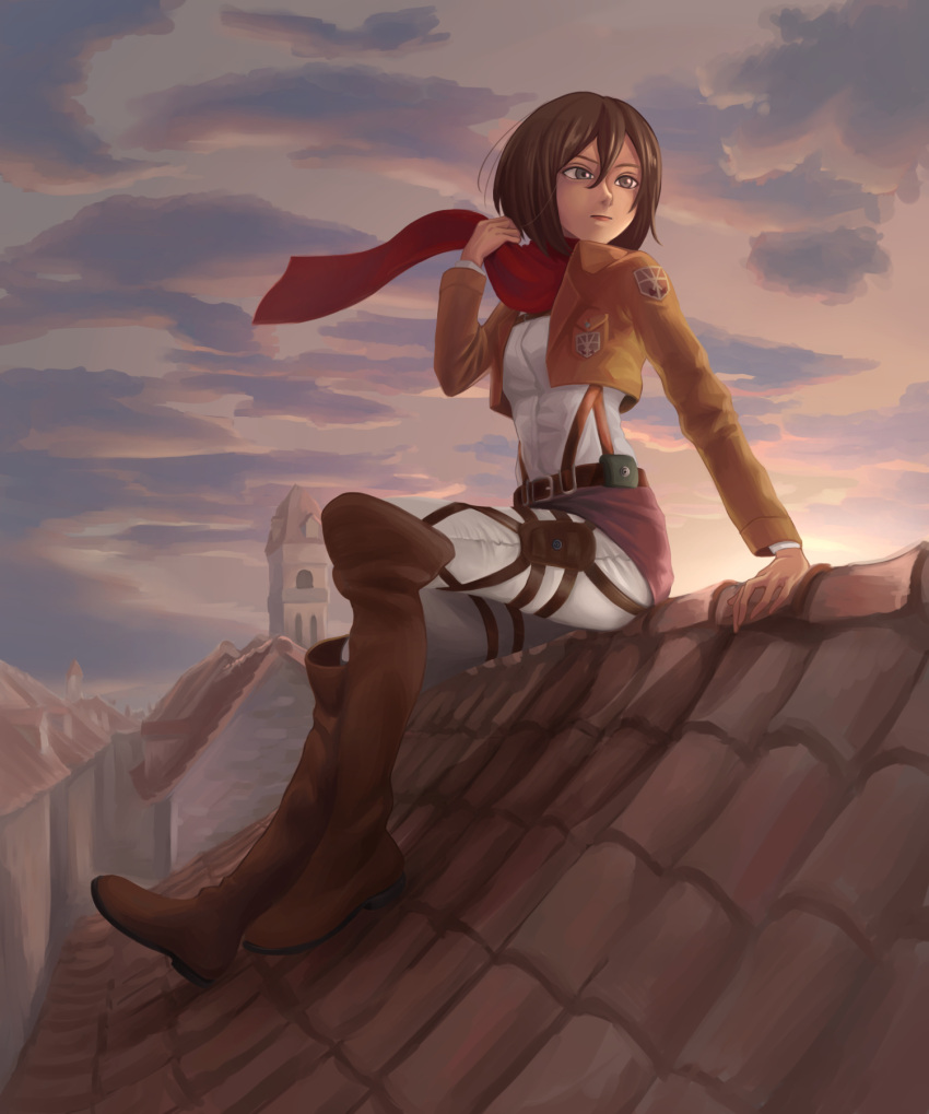 1girl arm_support black_eyes black_hairband boots breasts brown_footwear brown_hair cloud commentary_request cropped_jacket emblem hair_between_eyes hairband highres holding holding_clothes holding_scarf knee_boots looking_to_the_side medium_breasts mikasa_ackerman overcast pants paradis_military_uniform red_scarf red_skirt rooftop scarf shingeki_no_kyojin short_hair shorts sitting_on_roof skirt slothdev_(yat1215) solo steepled_fingers survey_corps survey_corps_(emblem) three-dimensional_maneuver_gear white_pants white_shorts