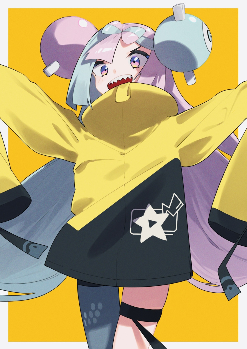 1girl :d aoi_(altea0923) bangs character_hair_ornament commentary_request green_hair grey_pantyhose hair_ornament highres iono_(pokemon) jacket long_hair multicolored_hair open_mouth outstretched_arms pantyhose pokemon pokemon_(game) pokemon_sv purple_eyes purple_hair sharp_teeth single_leg_pantyhose smile solo teeth thigh_strap twintails two-tone_hair upper_teeth yellow_jacket