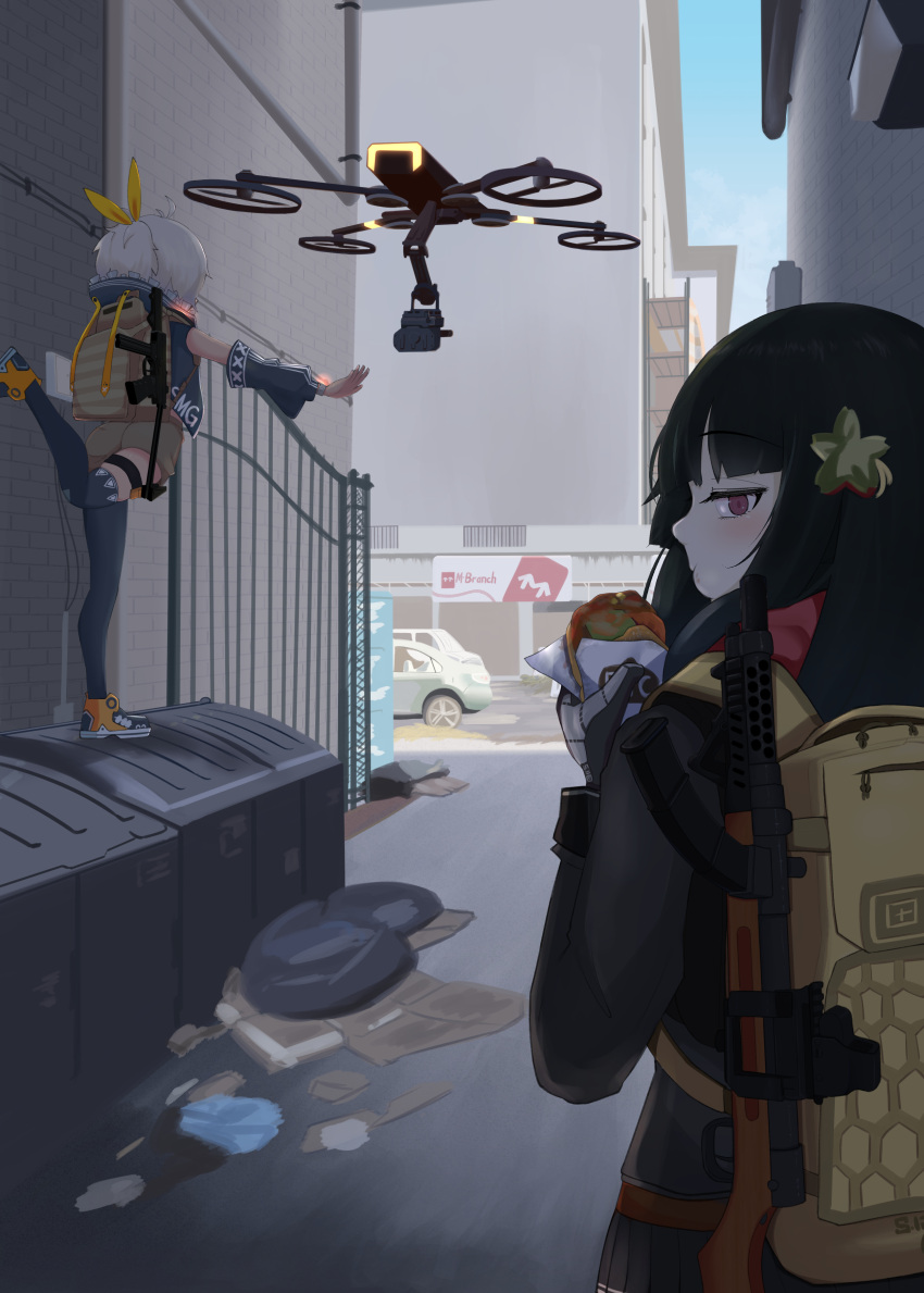 2girls absurdres ahoge alley animal_hood ass backpack bag balancing black_footwear black_hair black_sleeves black_thighhighs blush brown_shorts car commentary_request crossover dark_skin detached_sleeves drone dumpster eating flower food food_request gate girls'_frontline gloves ground_vehicle gun gun_on_back hair_flower hair_ornament hair_ribbon highres hime_cut hood klin_(girls'_frontline) looking_at_viewer looking_back motor_vehicle multicolored_footwear multiple_girls outdoors outstretched_arms ponytail pp-91_kedr rabbit_hood red_eyes ribbon shorts standing standing_on_object submachine_gun thighhighs tom_clancy's_the_division trash_bag type_100 type_100_(girls'_frontline) watch weapon weapon_on_back white_hair wristwatch yellow_footwear yellow_ribbon yonao zipper