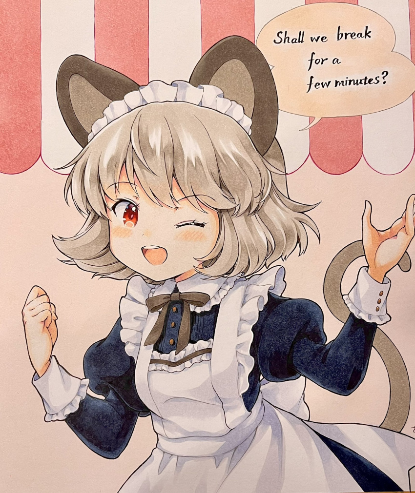 1girl alternate_costume animal_ears english_text grey_background grey_hair highres iris_anemone juliet_sleeves long_sleeves maid maid_headdress mouse_ears mouse_girl mouse_tail nazrin one_eye_closed open_mouth puffy_sleeves red_eyes short_hair solo speech_bubble tail teeth touhou upper_body upper_teeth