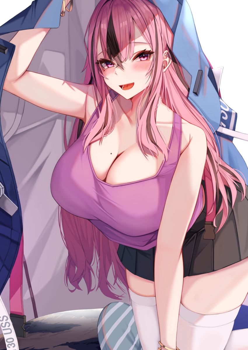 1girl :d arm_up azur_lane bangle bangs bare_arms bare_shoulders black_hair black_skirt bracelet breasts bremerton_(azur_lane) bremerton_(relaxation_consultation)_(azur_lane) cleavage commentary crossed_bangs hair_between_eyes highres huge_breasts jacket_over_head jewelry kazuha_(saku_kn) kneeling leaning_forward long_hair miniskirt mole mole_on_breast multicolored_hair official_alternate_costume open_mouth pink_eyes pink_hair pink_tank_top pleated_skirt sidelocks simple_background skirt smile snap-fit_buckle solo streaked_hair tank_top thighhighs thighs two-tone_hair very_long_hair white_background white_thighhighs zettai_ryouiki