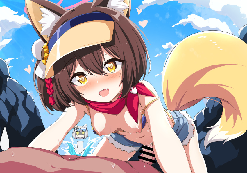 1boy 1girl :d absurdres animal_ear_fluff animal_ears assertive_female bar_censor bikini bikini_top_aside bikini_under_clothes blue_archive blue_sky breasts brown_hair censored clothed_sex clothes_pull cloud denim denim_shorts english_commentary fang fox_ears fox_tail girl_on_top hair_ornament halo happy_sex heart heart-shaped_pupils hetero highleg highleg_bikini highres izuna_(blue_archive) izuna_(swimsuit)_(blue_archive) navel nipples off_shoulder official_alternate_costume open_mouth outdoors penis pom_pom_(clothes) pom_pom_hair_ornament rock sex shiroko_(blue_archive) shiroko_(swimsuit)_(blue_archive) short_hair short_shorts shorts shorts_pull sky small_breasts smile solo_focus squatting_cowgirl_position strap_slip sweatdrop swimsuit symbol-shaped_pupils tail tareme visor_cap ycyc yellow_eyes