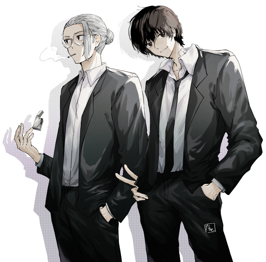 2boys absurdres bangs black_eyes black_hair black_jacket black_necktie black_pants black_suit cigarette closed_mouth collared_shirt cowboy_shot formal glasses hair_between_eyes hair_bun hair_pulled_back hand_in_pocket highres jacket lighter looking_away male_focus multiple_boys nagumo_(sakamoto_days) neck_tattoo necktie pants round_eyewear sakamoto_days sakamoto_taro shirt short_hair smile smoking spaklemikan1263 standing suit tattoo v white_background white_hair white_shirt