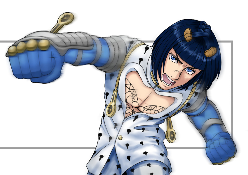 1boy bangs blue_eyes blue_gloves blue_hair bob_cut bruno_bucciarati clenched_hand clothing_cutout gloves hair_ornament hairclip highres jacket jojo_no_kimyou_na_bouken looking_at_viewer motion_blur patterned patterned_clothing pectoral_cleavage pectorals piiiiiko portrait punching simple_background upper_body vento_aureo white_jacket