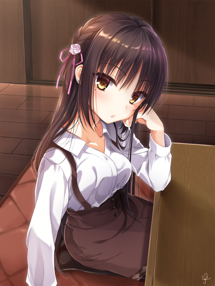 1girl arm_at_side bangs black_hair black_thighhighs blush braid breasts brown_skirt cafe_stella_to_shinigami_no_chou carpet casual chaamii closed_mouth collar collarbone earrings elbow_on_table eyebrows_hidden_by_hair eyelashes flower hair_between_eyes hair_flower hair_ornament hair_ribbon hair_strand hand_on_own_cheek hand_on_own_face highres indoors jewelry kotatsu large_breasts leaning_on_table lips long_hair long_sleeves miniskirt mole mole_under_eye piercing pink_ribbon raised_eyebrows ribbon seiza shaded_face shiki_natsume shirt side_braid sidelocks signature sitting skirt solo straight_hair sunlight table thighhighs very_long_hair white_collar white_flower white_shirt yellow_eyes yuzu-soft