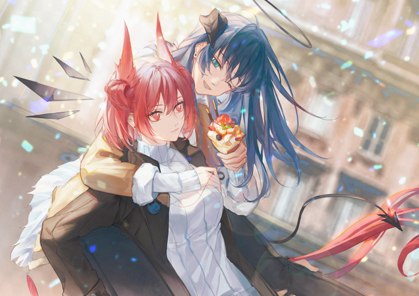 2girls ;d animal_ears arknights bird_ears bird_girl bird_tail black_jacket blue_eyes blue_hair blue_tongue breasts brown_jacket colored_tongue crepe dark_halo demon_horns detached_wings earrings energy_wings fiammetta_(arknights) food fur-trimmed_sleeves fur_trim halo highres holding holding_food horns hug hug_from_behind jacket jewelry long_hair long_sleeves luren_max medium_breasts mostima_(arknights) multiple_girls one_eye_closed open_clothes open_jacket pocky red_eyes red_hair ribbed_sweater short_hair smile sweater tail white_sweater wings yuri