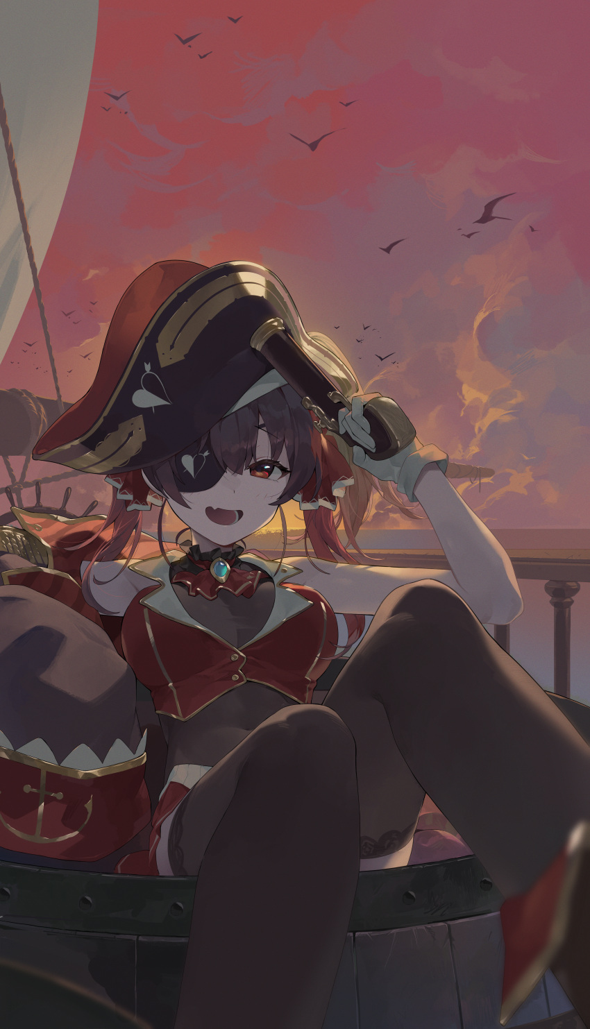 1girl absurdres antique_firearm barrel black_thighhighs brooch bsue choker eyepatch firelock flintlock frilled_choker frills gloves gun hat highres hololive houshou_marine jewelry long_sleeves looking_at_viewer open_mouth pirate_costume pirate_hat pirate_ship red_eyes red_hair sail sitting skirt steering_wheel sunset thighhighs weapon