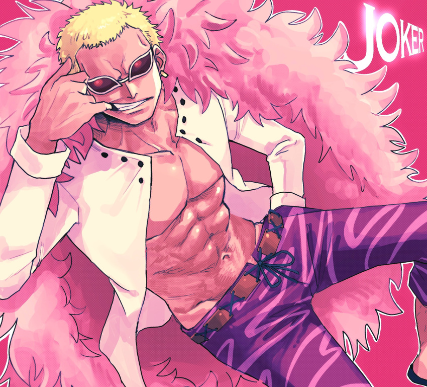 1boy blonde_hair coat donquixote_doflamingo earrings english_text feather_coat forced_smile groin highres jewelry long_sleeves male_focus muscular muscular_male navel one_piece open_clothes pink_background pink_coat pink_theme re_kaisan shirt short_hair solo_focus sunglasses white_shirt