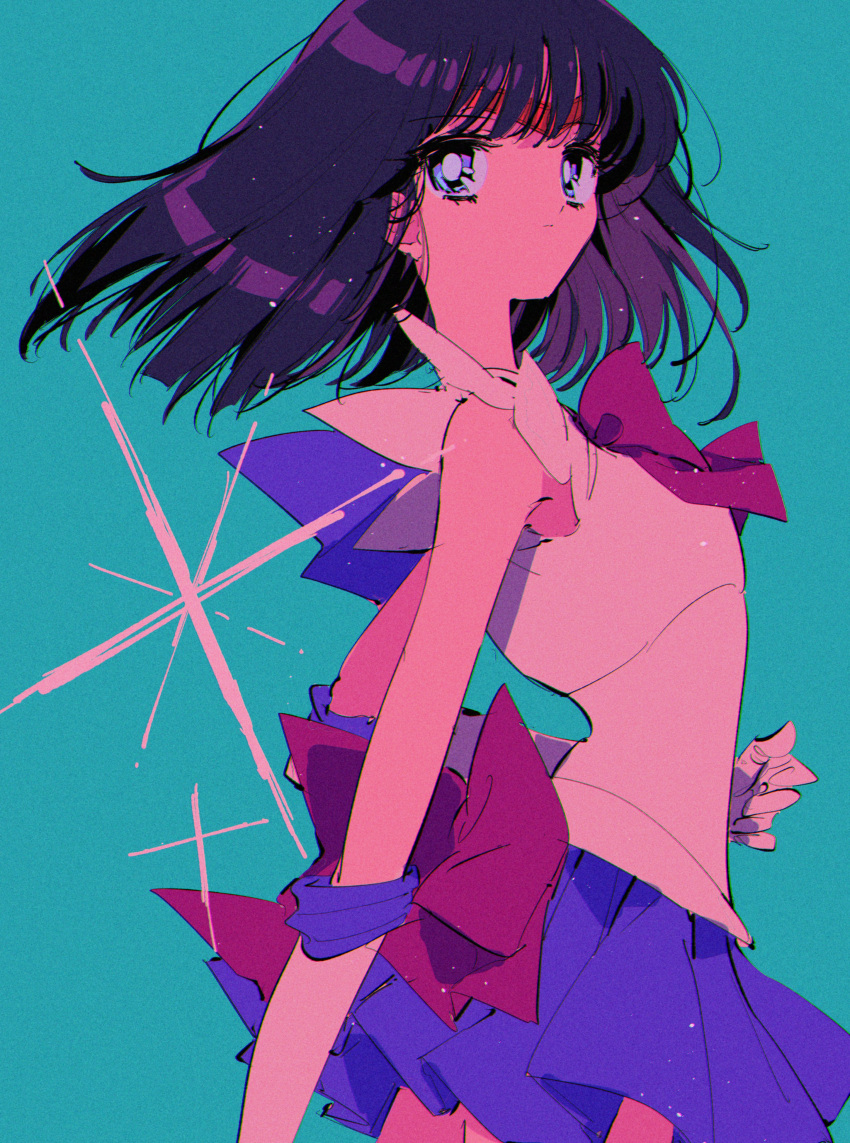 absurdres aqua_background back_bow bangs bishoujo_senshi_sailor_moon blue_eyes blue_sailor_collar blue_skirt blunt_ends bow breasts cowboy_shot elbow_gloves gloves highres medium_hair pleated_skirt pochi_(askas_is_god) purple_hair sailor_collar sailor_saturn sailor_senshi_uniform shirt short_sleeves skirt small_breasts tiara tomoe_hotaru white_gloves white_shirt