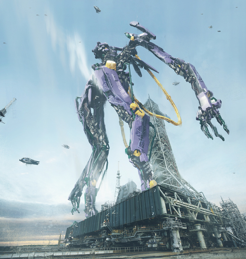 3d absurdres aircraft cable english_commentary eva_01 evangelion_(mecha) flying fog highres launch_pad machinery mecha neon_genesis_evangelion non-humanoid_robot original realistic redesign robot science_fiction smoke super_robot zhangluye