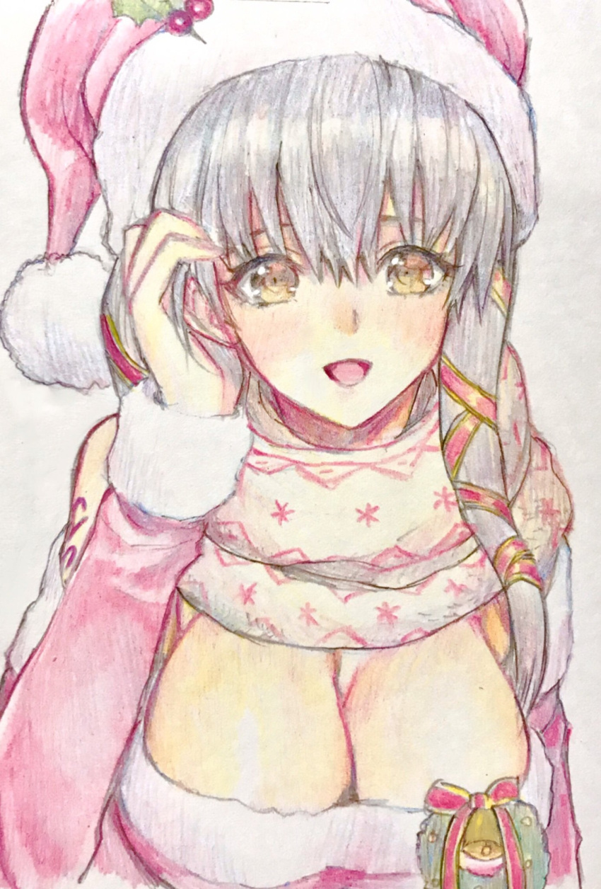 1girl breasts brown_eyes christmas clair_lasbard cleavage dress grey_hair hair_ribbon hat highres large_breasts long_hair looking_at_viewer murata_tefu open_mouth ribbon santa_hat scarf simple_background smile solo star_ocean star_ocean_anamnesis star_ocean_till_the_end_of_time