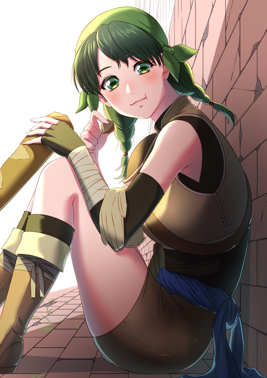 1girl :t aduti_momoyama baguette bandaged_arm bandages bandana black_gloves black_socks boots braid bread brick_floor brick_wall brown_footwear brown_skirt closed_mouth dark_green_hair elbow_gloves fingerless_gloves fingernails fire_emblem fire_emblem:_the_blazing_blade food from_side gloves gloves_removed grass green_bandana green_eyes green_headwear highres holding holding_food kneehighs long_hair looking_at_viewer miniskirt pink_lips rebecca_(fire_emblem) single_elbow_glove single_fingerless_glove single_glove sitting skirt socks solo twin_braids white_background