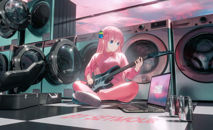 1girl absurdres bangs blue_eyes bocchi_the_rock! can cloud coca-cola_zero computer crossed_legs cube_hair_ornament electric_guitar gibson_les_paul gotou_hitori guitar hair_ornament hair_over_eyes highres holding holding_instrument holding_plectrum instrument instrument_case jacket laptop laundromat long_hair music one_side_up pants pink_hair pink_jacket pink_pants pink_track_suit playing_instrument plectrum scenery seymour sitting soda_can track_jacket track_pants