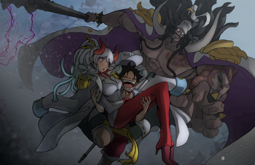 1girl 2boys belt black_hair breasts club_(weapon) coat coat_on_shoulders epaulettes father_and_daughter fleeing funi_xd high_heels highres holding holding_weapon horns kaidou_(one_piece) kanabou large_breasts long_hair monkey_d._luffy multicolored_hair multiple_boys one_piece oni_horns pants red_footwear red_pants short_hair tattoo weapon white_coat white_hair yamato_(one_piece) yellow_belt