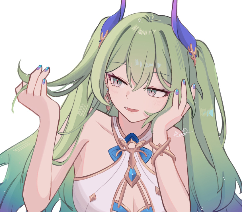 1girl :d bangs bare_arms bare_shoulders blue_nails breasts commentary_request dress green_hair hair_between_eyes hand_up highres honkai_(series) honkai_impact_3rd horns long_hair looking_away looking_to_the_side medium_breasts mobius_(honkai_impact) nail_polish purple_nails rena_(_rrena) signature simple_background sleeveless sleeveless_dress smile solo two_side_up very_long_hair white_background white_dress