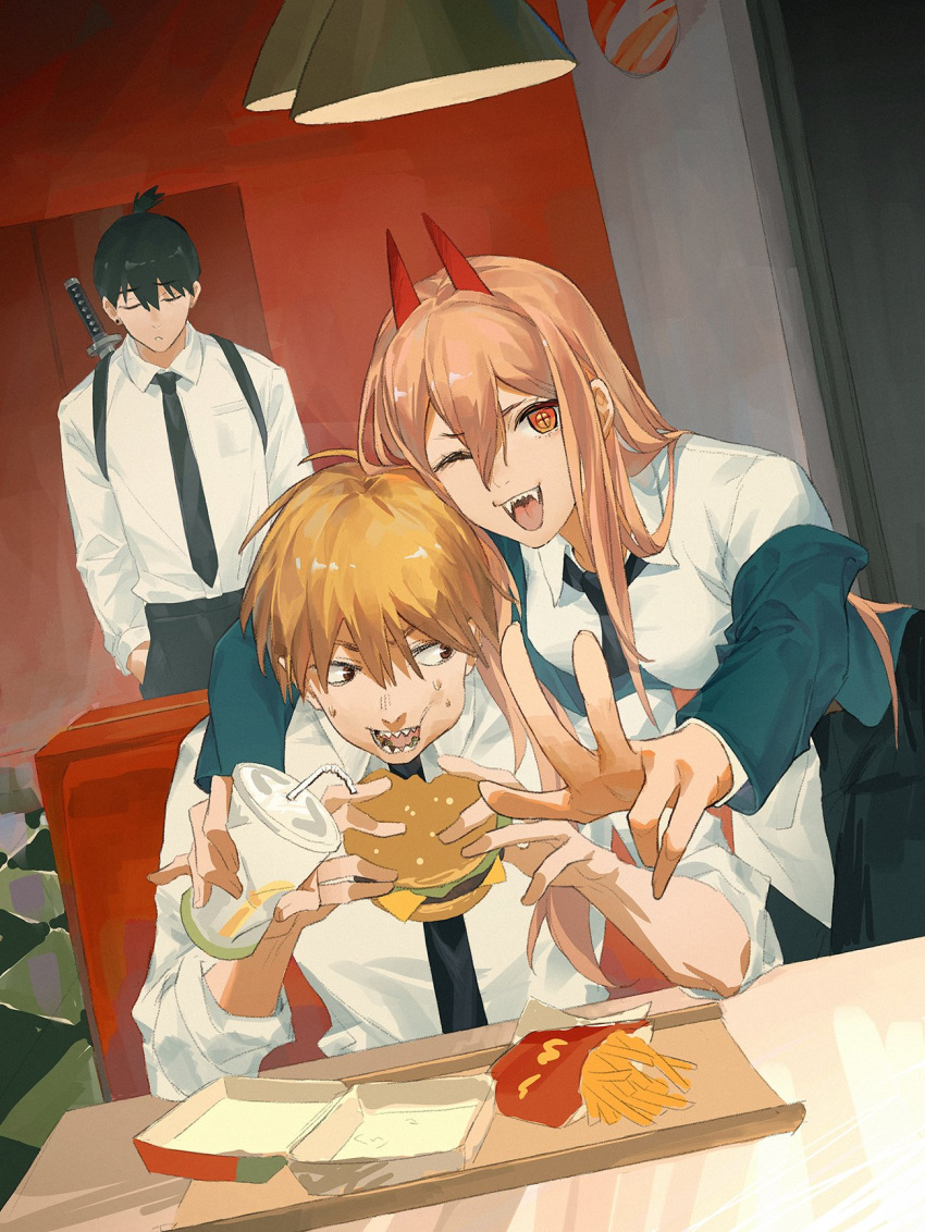 1girl 2boys black_hair black_necktie blonde_hair burger chainsaw_man chest_belt chewing closed_eyes collared_shirt cross-shaped_pupils cup denji_(chainsaw_man) eating fangs fast_food food french_fries hands_in_pockets hayakawa_aki highres holding holding_cup holding_food jacket jacket_partially_removed leaning_forward long_hair looking_at_another multiple_boys mumu_(leelee_mumu) necktie one_eye_closed pink_hair power_(chainsaw_man) red_eyes sharp_teeth shirt short_hair sleeves_rolled_up symbol-shaped_pupils teeth tray v weapon weapon_on_back white_shirt
