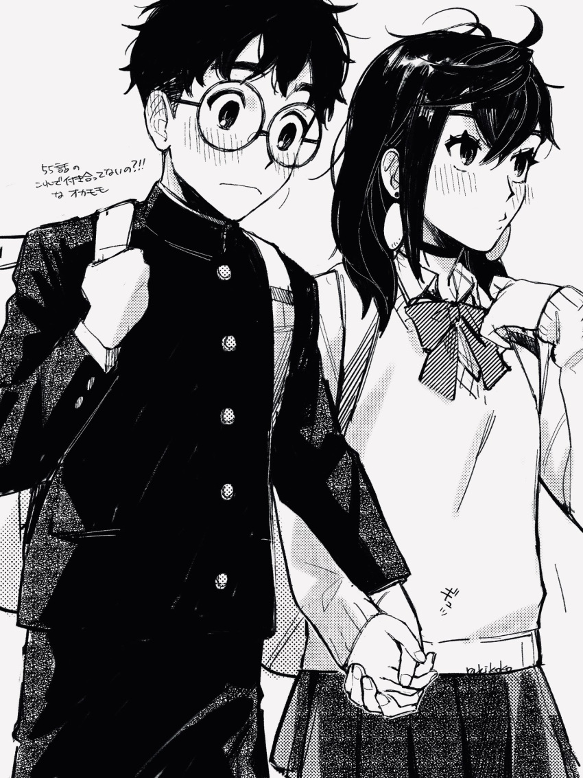 1boy 1girl ayase_momo backpack bag black_choker black_hair black_jacket blush choker dandadan earrings greyscale highres holding holding_bag holding_hands jacket jewelry looking_at_another medium_hair monochrome rakikoko ribbon short_hair simple_background sweater_vest takakura_ken_(dandadan) white_background