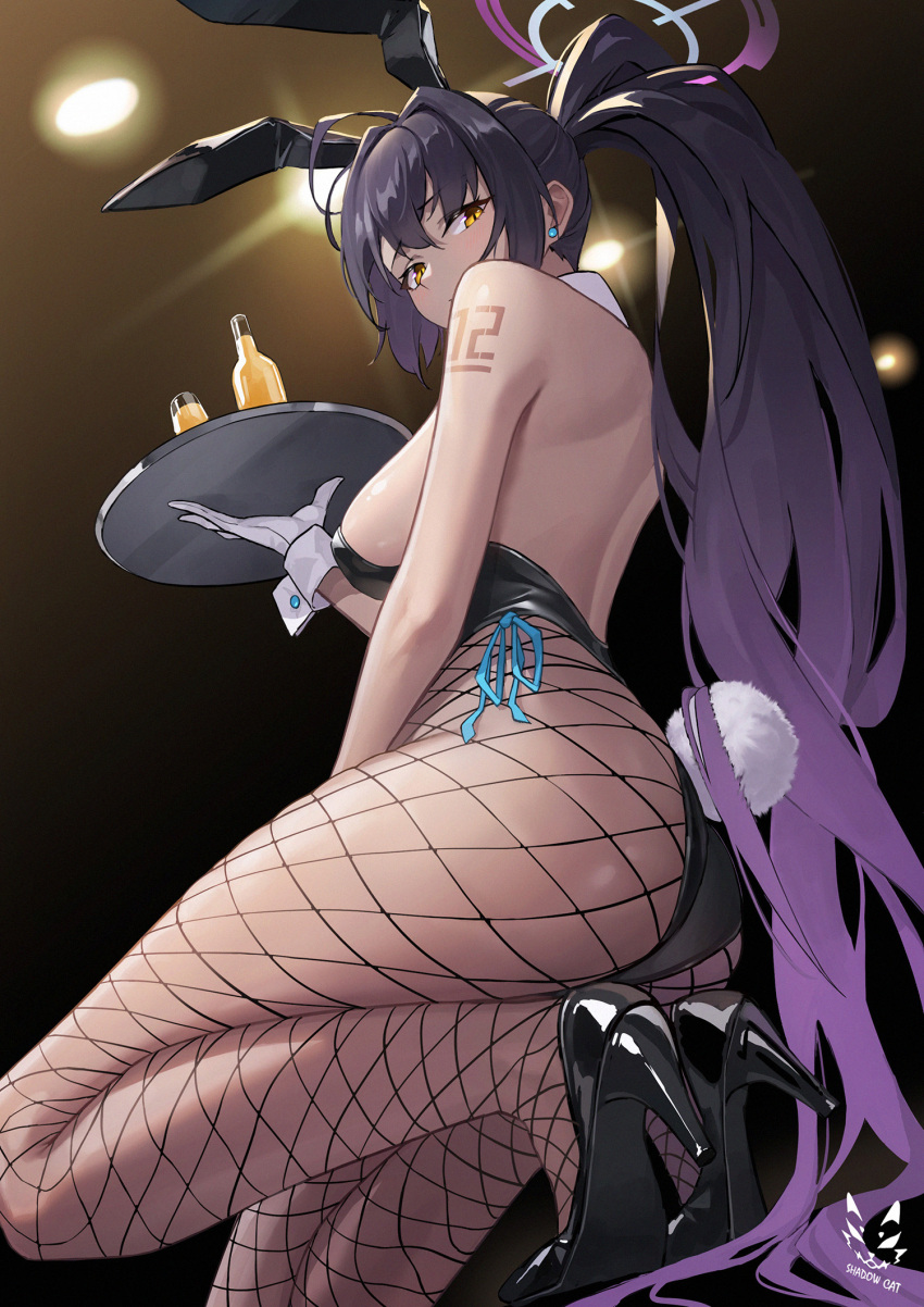 1girl animal_ears ass bangs bare_arms bare_back bare_shoulders black_footwear black_leotard blue_archive bottle breasts commentary_request dark_skin fake_animal_ears fake_tail fishnet_pantyhose fishnets gloves high_heels highres holding holding_tray karin_(blue_archive) large_breasts leotard long_hair pantyhose ponytail rabbit_ears rabbit_tail shadow_cat_(u9nej2qzq9vzxcf) solo tail thighs tray very_long_hair white_gloves wrist_cuffs