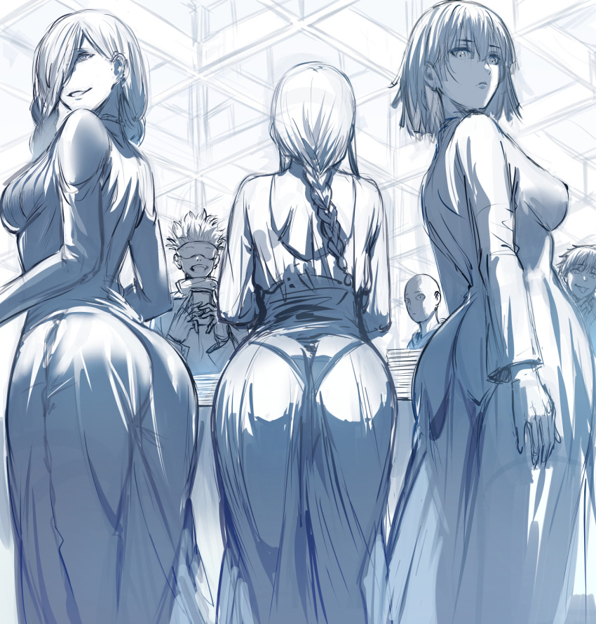 3boys 3girls ass back bangs blindfold braid braided_ponytail breasts chainsaw_man denji_(chainsaw_man) dress fubuki_(one-punch_man) gojou_satoru hews highres jujutsu_kaisen large_breasts long_hair long_sleeves looking_at_viewer looking_back makima_(chainsaw_man) multiple_boys multiple_girls one-punch_man open_mouth saitama_(one-punch_man) short_hair sketch smile