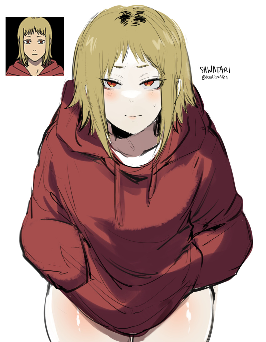 1girl absurdres akane_sawatari_(chainsaw_man) blonde_hair blush chainsaw_man character_name hands_in_pockets highres hood hoodie kurenaiz1 looking_to_the_side red_hoodie short_hair simple_background slit solo sweat thick_thighs thighs twitter_username white_background