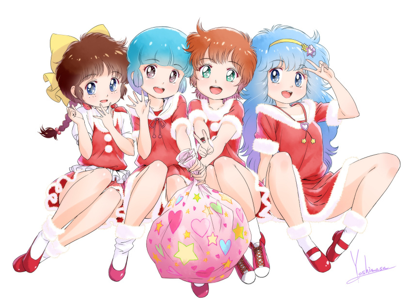 4girls :d absurdres aqua_eyes artist_name blue_eyes blue_hair braid brown_hair christmas commentary_request dress fur_trim hair_ribbon hairband hanazono_yumi heart highres holding holding_sack kazuki_mai legs_apart legs_together long_hair looking_at_viewer mahou_no_idol_pastel_yumi mahou_no_star_magical_emi mahou_no_tenshi_creamy_mami mahou_no_yousei_persia mary_janes morisawa_yuu multiple_girls open_mouth persia_(mahou_no_yousei_persia) purple_eyes red_dress red_footwear ribbon sack santa_costume shoes short_hair short_sleeves signature simple_background smile star_(symbol) v waving white_background yoshinaga_masahiro