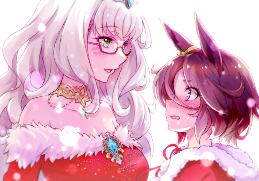 2girls animal_ears backlighting bangs bare_shoulders biwa_hayahide_(noel_rouge_carol)_(umamusume) biwa_hayahide_(umamusume) blue_eyes blush brooch brown_hair christmas coat dress ear_ornament fur-trimmed_coat fur-trimmed_dress fur_trim glasses grey_hair highres hood hood_down hooded_coat horse_ears horse_girl jewelry kyoutsuugengo long_hair looking_at_another miracles_of_the_holy_night_(umamusume) multiple_girls narita_taishin_(umamusume) neck_ring off-shoulder_dress off_shoulder official_alternate_costume open_mouth red-framed_eyewear red_coat red_dress santa_dress semi-rimless_eyewear short_hair smile sweatdrop tiara umamusume under-rim_eyewear wavy_hair white_background yellow_eyes