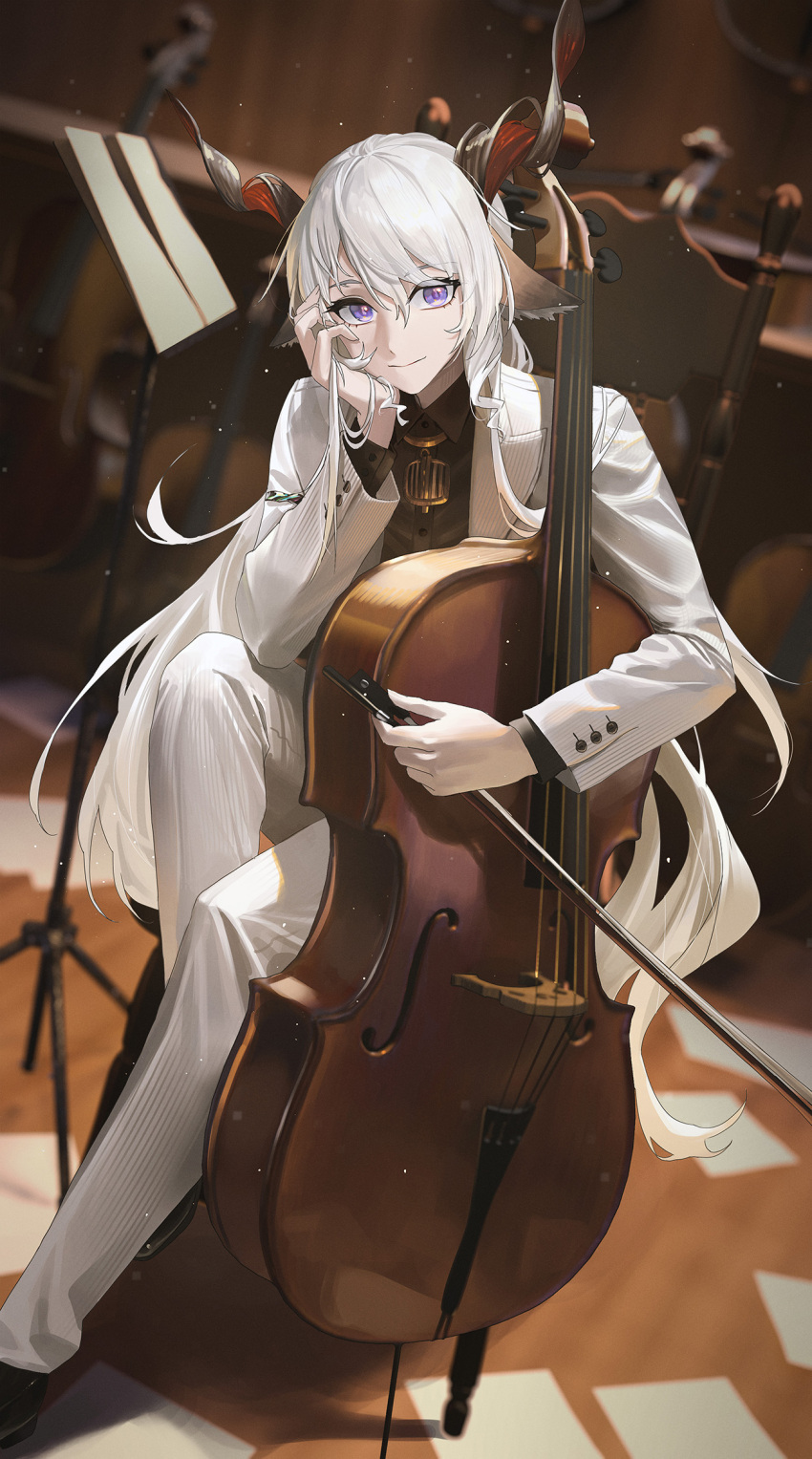 1boy animal_ears arknights bangs black_footwear black_shirt blurry blurry_background bow_(music) calcite_(arknights) cello chair closed_mouth collared_shirt highres holding_bow_(music) horns indoors instrument jacket loafers long_hair long_sleeves looking_at_viewer male_focus music_stand pants paper purple_eyes shirt shoes sitting smile solo ttk_(kirinottk) white_hair white_jacket white_pants