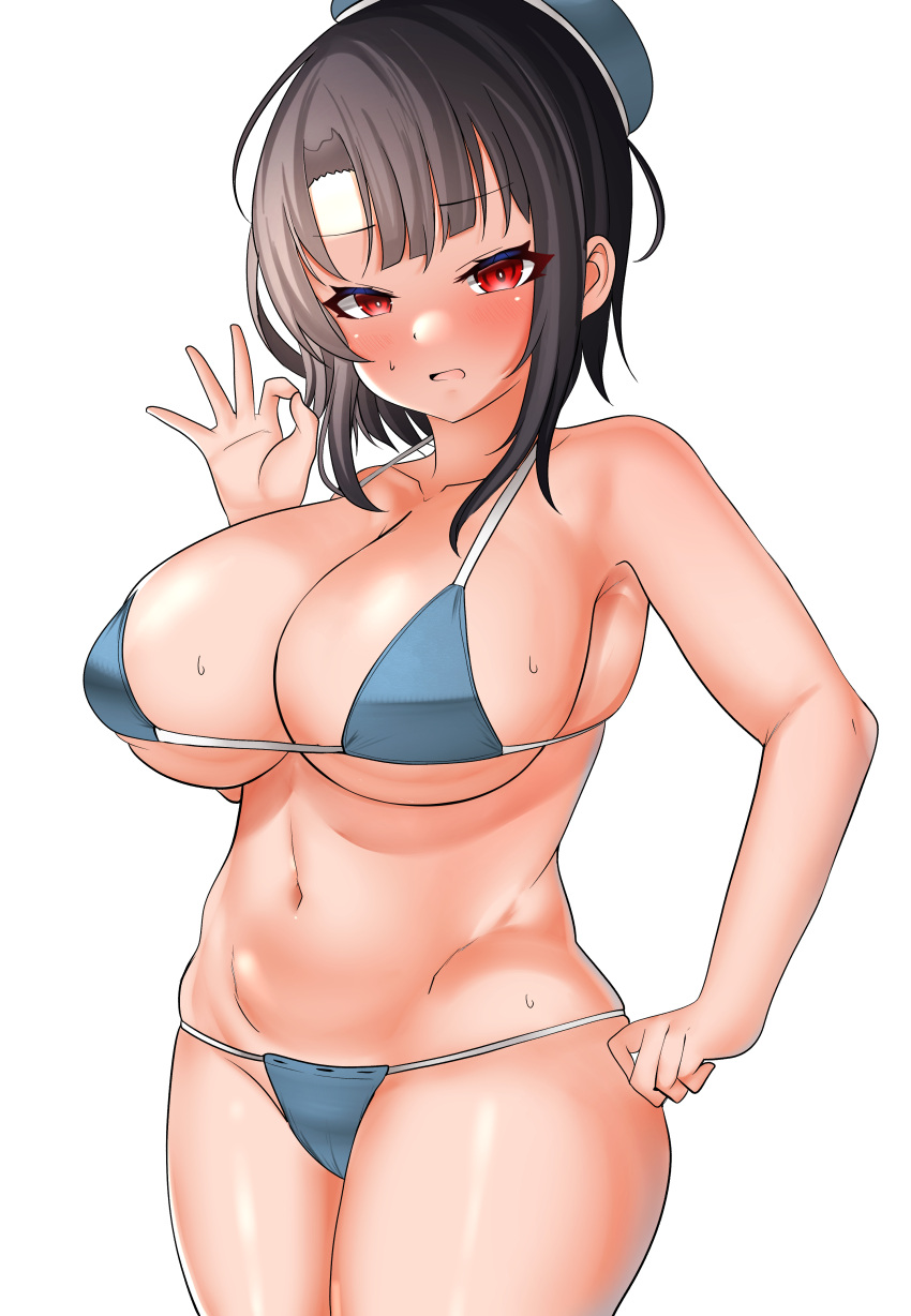 1girl absurdres beret bikini black_hair blue_bikini blue_headwear breasts cleavage cowboy_shot curvy hat highres kantai_collection large_breasts looking_at_viewer ok_sign red_eyes short_hair simple_background solo standing swimsuit takao_(kancolle) tf_cafe white_background