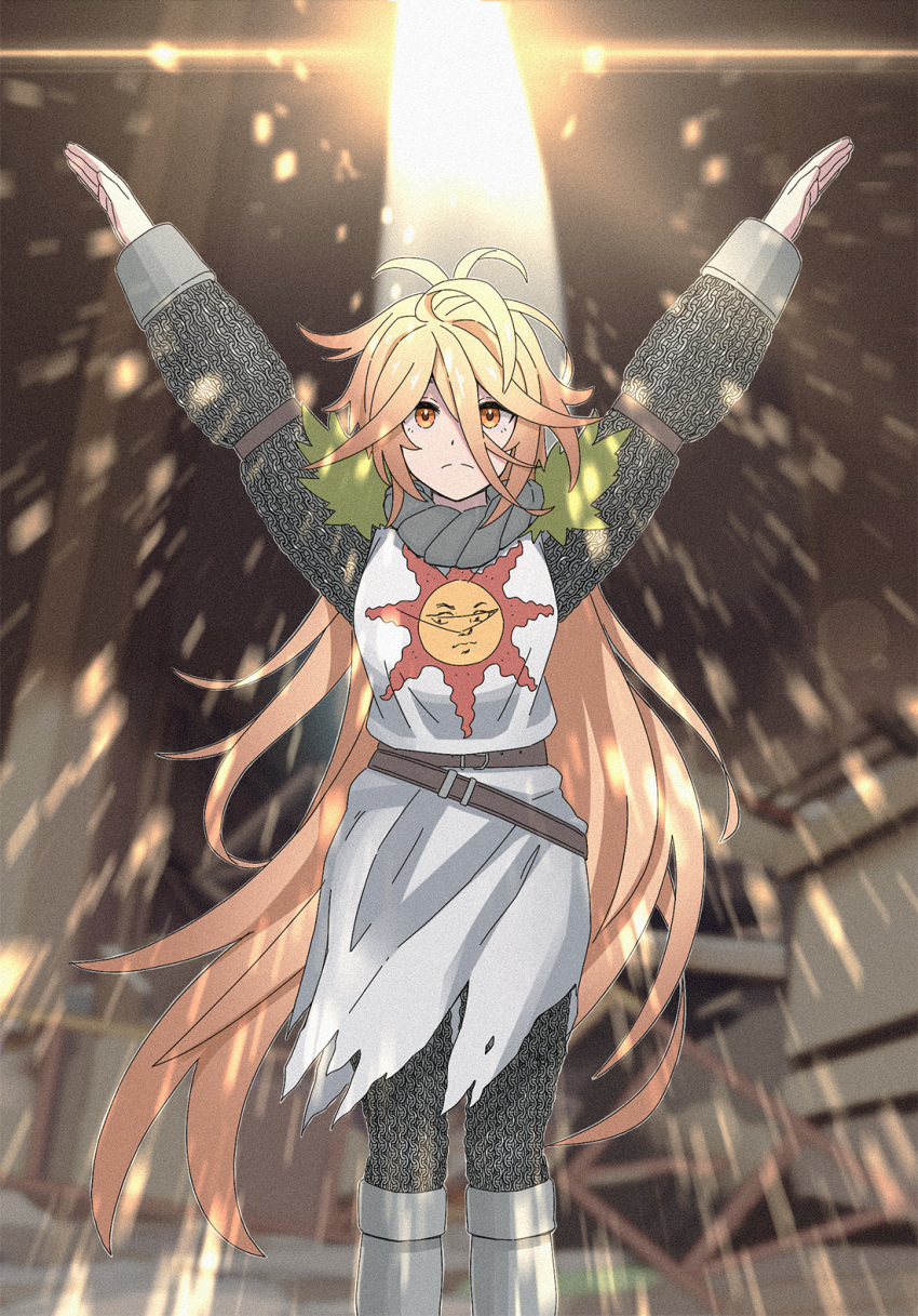1girl \o/ armor arms_up blonde_hair closed_mouth cosplay dark_souls_(series) full_armor girls'_frontline girls'_frontline_neural_cloud highres long_hair outstretched_arms praise_the_sun sol_(girls'_frontline_nc) solaire_of_astora solaire_of_astora_(cosplay) solo sun_symbol tab_(tabkun) very_long_hair yellow_eyes