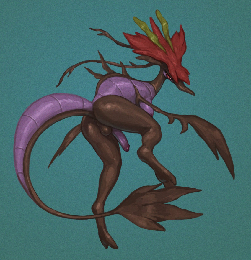 anthro anus areola balls breasts brown_arms brown_legs butt digital_media_(artwork) dragalge dragon feet fish generation_6_pokemon genitals gynomorph hadmyway hi_res humanoid_genitalia humanoid_penis intersex looking_at_viewer marine nintendo nude penis pokemon pokemon_(species) purple_body red_eyes seadragon_(fish) seahorse simple_background solo syngnathid syngnathiform toes video_games