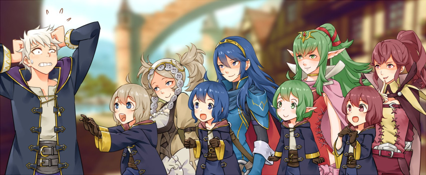 1boy 6+girls ahoge anna_(fire_emblem) armor bangs belt belt_buckle black_robe black_sweater blonde_hair blue_cape blue_gloves blue_hair blurry blurry_background bracelet brown_gloves buckle cape center_frills closed_mouth collar commentary commission dress english_commentary evil_smile father_and_daughter fire_emblem fire_emblem_awakening flying_sweatdrops frilled_skirt frills gloves green_eyes green_hair grey_shirt hair_between_eyes hair_ornament hair_ribbon harem headdress high_collar highres hood hood_down hooded_robe igni_tion index_finger_raised jewelry juliet_sleeves lissa_(fire_emblem) long_sleeves lucina_(fire_emblem) morgan_(fire_emblem) morgan_(fire_emblem)_(female) mother_and_daughter multiple_girls multiple_persona open_clothes open_mouth open_robe pink_cape pointy_ears ponytail puffy_sleeves red_belt red_cape red_dress red_eyes red_hair red_ribbon ribbon robe robin_(fire_emblem) robin_(fire_emblem)_(male) shaded_face shirt short_hair shoulder_armor skirt sleeveless sleeveless_dress smile sweatdrop sweater teeth tiara tiki_(fire_emblem) turtleneck turtleneck_sweater twintails two-tone_cape underbust upper_teeth white_hair yellow_dress