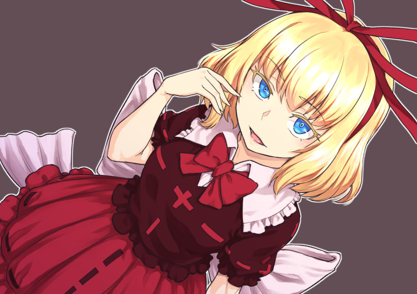 1girl black_shirt blonde_hair blue_eyes bow bowtie grey_background hair_ribbon kakone looking_at_viewer medicine_melancholy open_mouth red_bow red_bowtie red_ribbon red_skirt ribbon shirt short_hair simple_background skirt solo touhou