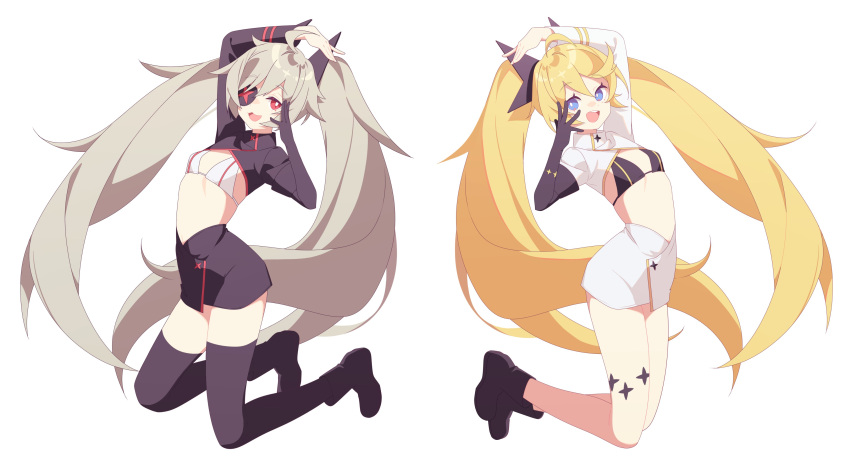 2girls :3 :d absurdres ahoge arm_up asymmetrical_gloves asymmetrical_sleeves bare_legs bikini bikini_top_only black_footwear black_skirt black_thighhighs blonde_hair blue_eyes clear_(djmax) commentary djmax djmax_respect eyepatch fail_(djmax) full_body gloves grey_hair highres long_hair looking_at_viewer mismatched_gloves mismatched_sleeves multiple_girls open_mouth pn_(wnsl216) red_eyes simple_background skirt smile star_(symbol) swimsuit symbol-only_commentary thighhighs twintails white_background white_bikini white_skirt