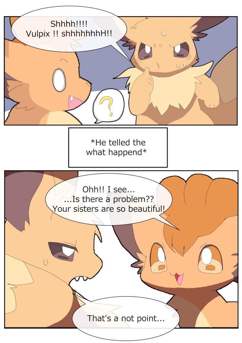 ambiguous_gender annoyed colored confusion dialogue duo eevee feral generation_1_pokemon hi_res male narration nintendo okazu pokemon pokemon_(species) shaded shush simple_background speech_bubble text translated video_games vulpix white_background
