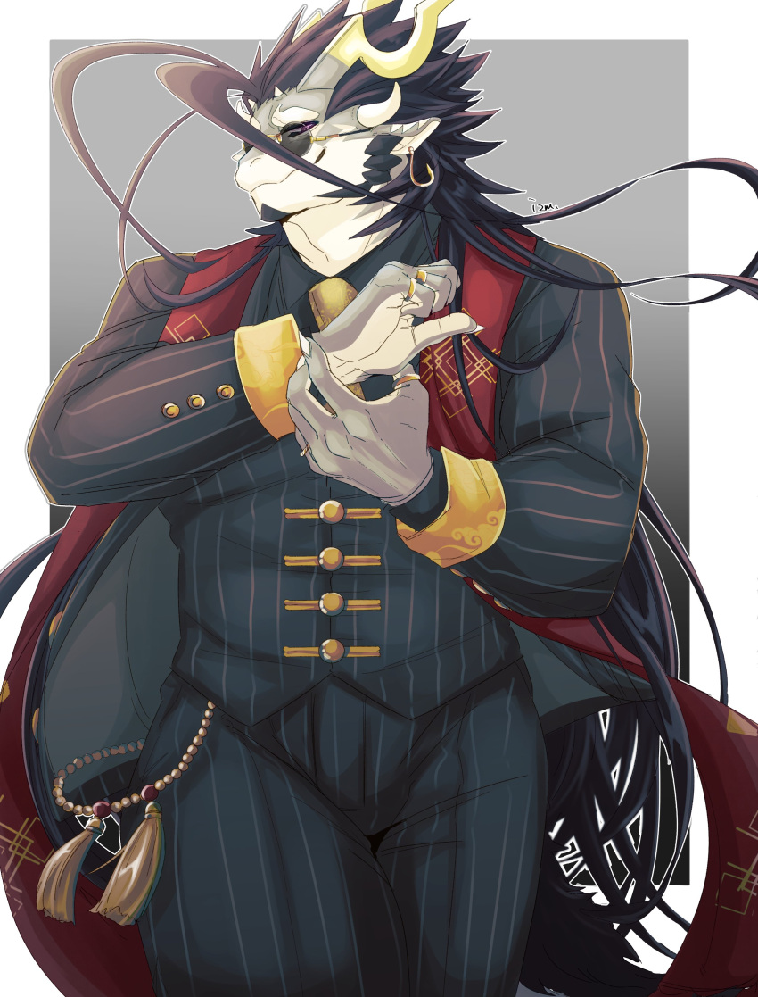 absurd_res anthro black_hair clothing dragon ear_piercing ear_ring eyewear fuxi_(tas) grey_body grey_scales hair hi_res horn izm_rm7 lifewonders male muscular muscular_anthro muscular_male piercing pinstripes ring ring_piercing scales solo suit sunglasses tokyo_afterschool_summoners video_games