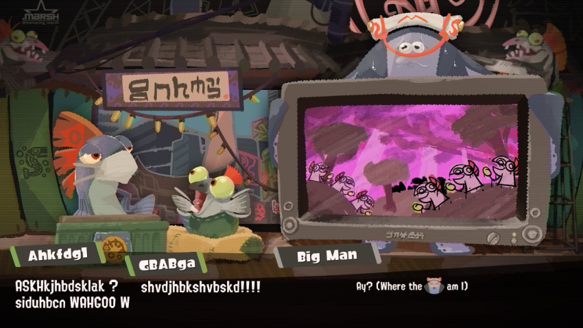 :3 anthro batoid big_man_(splatoon) english_text fin fish group humor male manta_ray marine menacing_marsh nintendo on_model red_eyes salmonid_(splatoon) smallfry_(splatoon) splatoon steel_eel_driver stingray text trio tv_screen video_games yellow_sclera