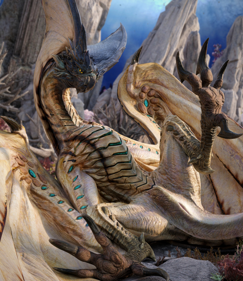 3d_(artwork) absurd_res animal_genitalia anonymous_artist capcom claws cloaca collaboration detailed_background digital_media_(artwork) dragon feet female feral flying_wyvern foot_focus genitals half-closed_eyes hi_res inviting ivorylagiacrus legiana looking_at_viewer lying membrane_(anatomy) membranous_wings monster_hunter narrowed_eyes on_back on_ground presenting presenting_cloaca pubic_boot scalie seductive sharp_claws slit soles solo spread_legs spreading toe_claws vertical_cloaca video_games wings wyvern yellow_eyes