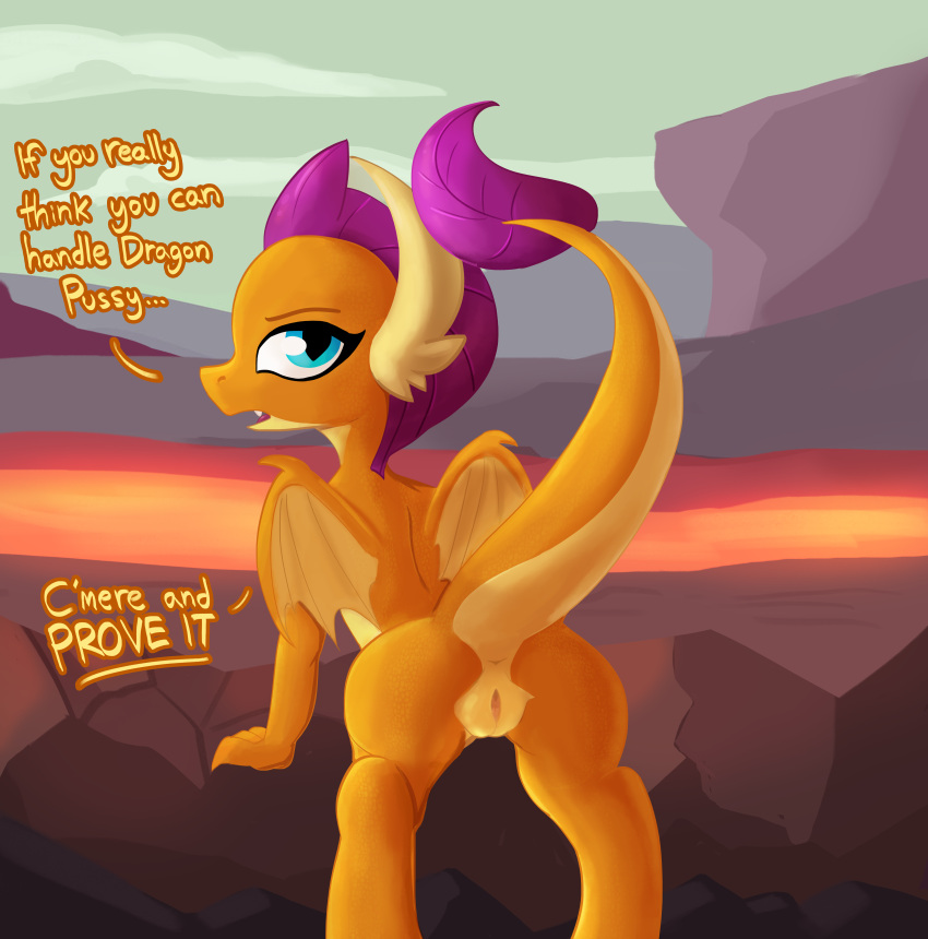 2022 absurd_res anthro anus biped butt dialogue digital_drawing_(artwork) digital_media_(artwork) dragon dragon_land english_text female friendship_is_magic genitals hasbro hi_res huge_filesize inviting looking_at_viewer looking_back looking_back_at_viewer my_little_pony no-dialogue nude orange_body orange_scales presenting presenting_pussy pupils pussy raised_tail scales scalie slit_pupils smolder_(mlp) solo talking_to_viewer teal_eyes text tjpones wings